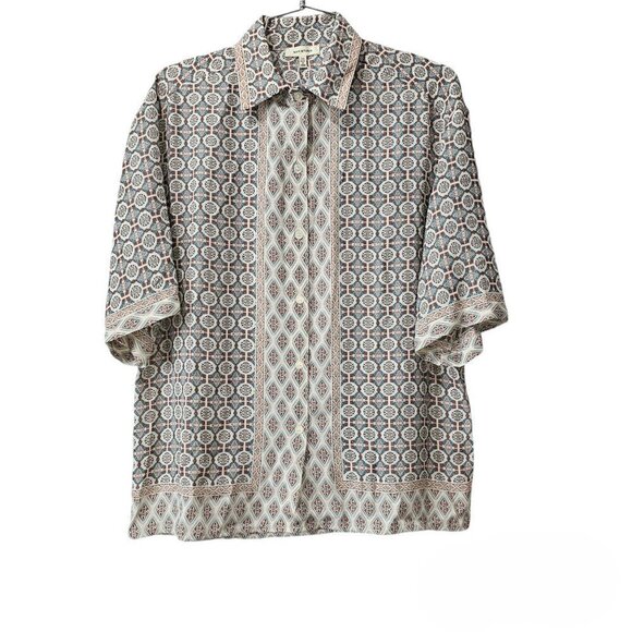 Max Studio Button Down Oversized Geometric Short Sleeve Collard Top - Picture 1 of 7